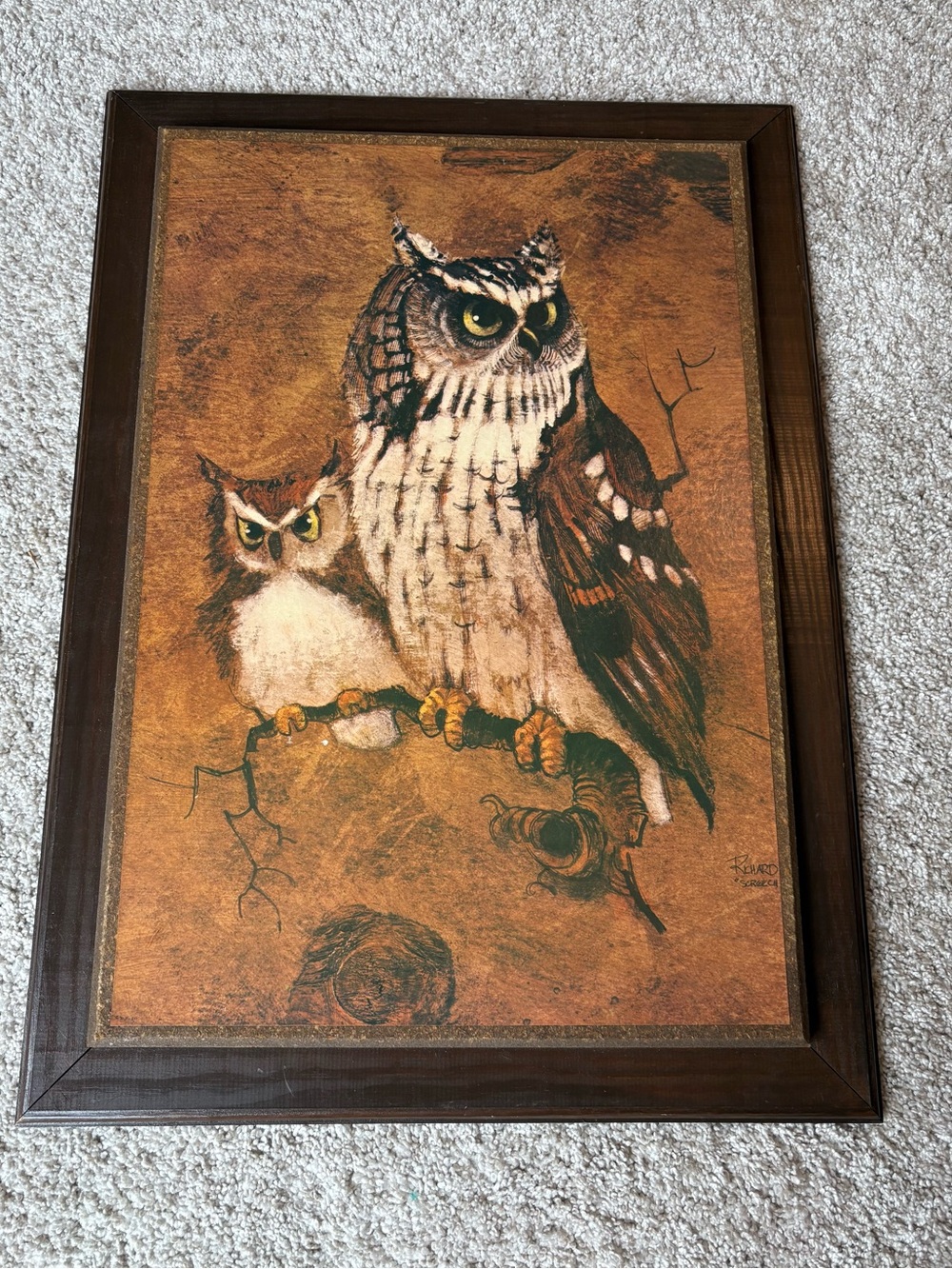 Vintage Richard Hinger Screech Owl Wood Framed Plaque pic Wall art Signed 21x15